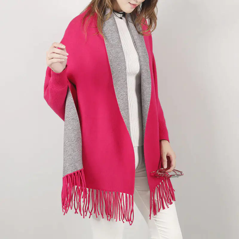 Win Win Winter Reversible Poncho With Fringes