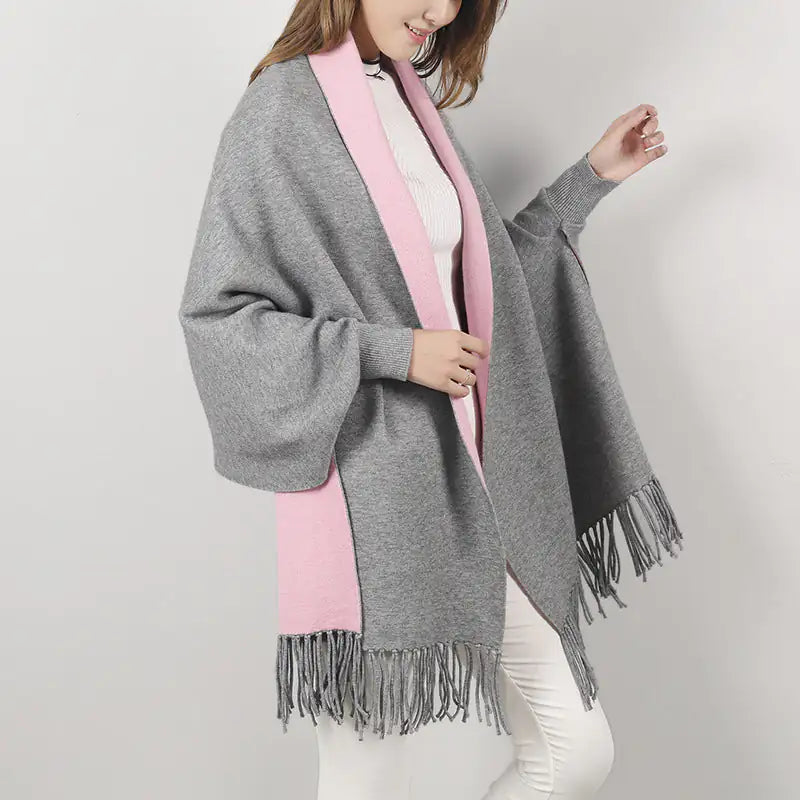 Win Win Winter Reversible Poncho With Fringes