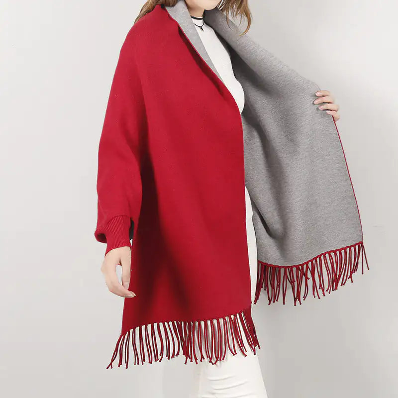 Win Win Winter Reversible Poncho With Fringes